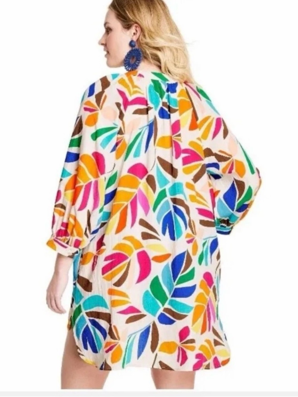 Bright Multicolor Leaf-Print Tunic Dress - Women's Plus